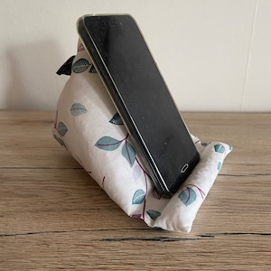 Mobile phone cushion, mobile phone bean bag, mobile phone holder, mobile phone support, white with leaves purple turquoise washable
