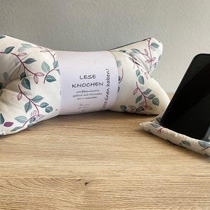 Reading bone and cell phone bean bag set, white with leaves purple turquoise, book support, book pillow, neck support cell phone holder cell phone support