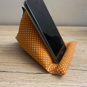 Mobile phone cushion, mobile phone bean bag, mobile phone holder, mobile phone support, ocher with white dots, orange, 100% cotton, washable