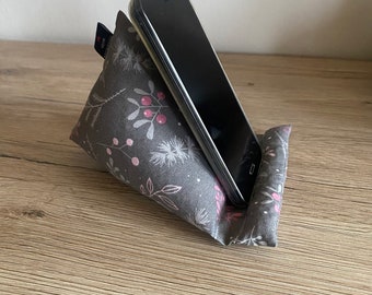 Mobile phone cushion, mobile phone bean bag, mobile phone holder, mobile phone support, grey, white, pink floral pattern washable