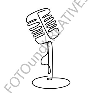 May include: A black and white line drawing of a vintage microphone on a stand.