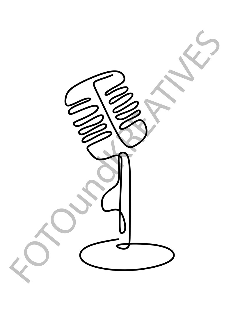 May include: A black and white line drawing of a vintage microphone on a stand.