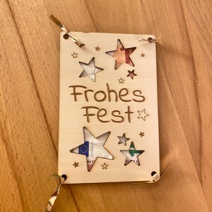 Houten kerstkaart, geldcadeau, laser, fijne feestdagen, speciaal idee, kaartsterren geschenkverpakking, wenskaart 9 x 13,7 cm