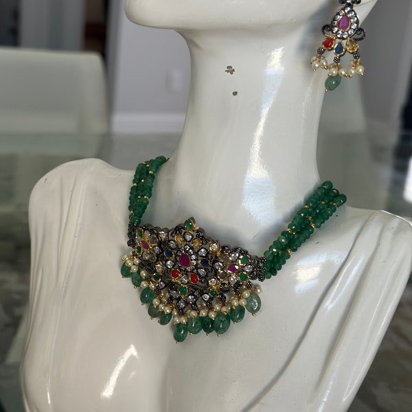 Indian wedding bead Choker, South Indian traditional choker, pearl CZ navaratna necklace , Pakistani xl choker, green bead choker, bollywood