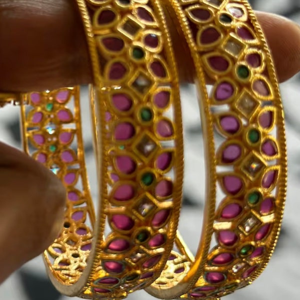 Antique 2 Gold plated Bangles / South Indian Bangles / Women Bangles / Traditional Bangles/ CZ Bangles / Ruby/ kemp stone bangles /Teen/Kids