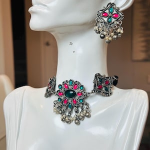 Oxidised boho necklace, oxidised stone jewelry, Indian oxidised choker. Pakistani choker. Bollywood oxidised set, oxidised earrings. Gifts,