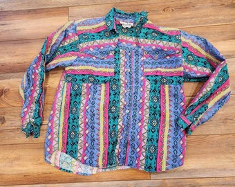 Chemise western vintage Rodeo : imprimé abstrait lumineux, grande femme