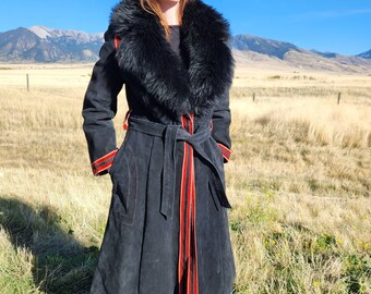 Belted Leather Trench Coat with Thick Fur collar