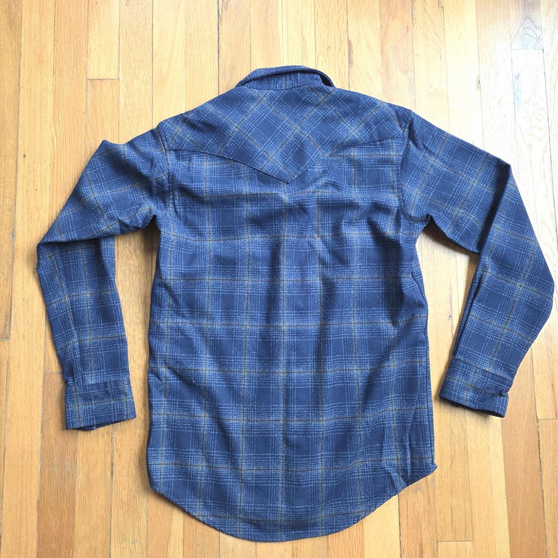 May include: A blue plaid long-sleeve shirt with a button-down front and a pointed collar. The shirt features a classic plaid pattern in shades of blue and tan. The back of the shirt has a yoke detail.