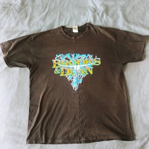 May include: A brown t-shirt with a graphic of Brooks & Dunn in a blue and yellow design. The graphic features a skull with horns and a heart shape.