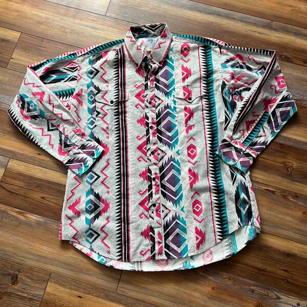 Vintage silver canyon gray and pink southwestern aztec print button up xl long