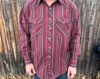 vintage western red vertical striped Trailblazer long sleeve snap shirt size large tall