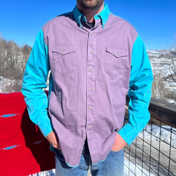 NWT Grey and teal colorblock vintage wrangler brush popper shirt XL