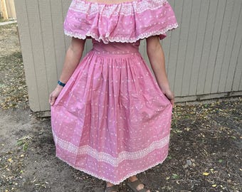Handgemaakte roze en witte bloemen off-shoulder geborduurde maxi-jurk in vintage jaren 70-stijl xsmall