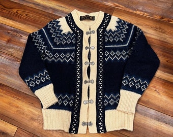 Vintage Nordstrikk navy and cream wool  cardigan with silver hook closure small/medium
