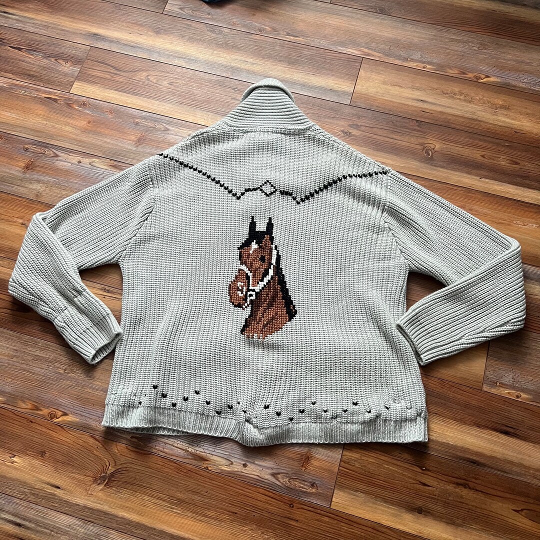 Vintage Western Gray Miller Horse Print Cowichan Button up Etsy