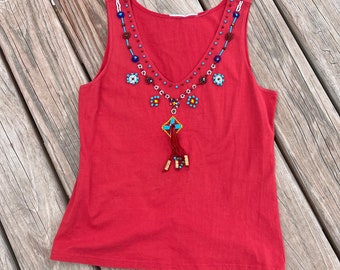 vintage western southwestern red beaded tassel tank top small