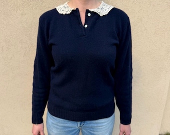 Vintage Ralph Lauren navy henley lambswool long sleeve sweater with cream lace collar size medium