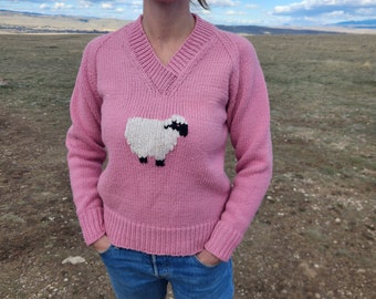 Pink hand knit sheep sweater small