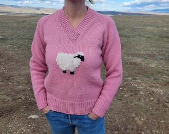 Vintage pink hand knit sheep sweater v neck small