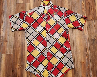 70s Red Yellow White Disco Polyester short sleeve Button up by Marlboro