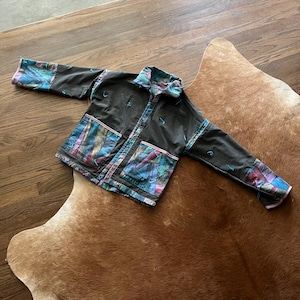 handmade upcycled black and purple multicolored abstract quilt jacket quilt coat size medium
