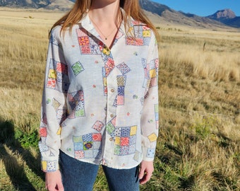 Vintage 70's women's colorful patchwork quilt print long sleeve button up shirt medium/large