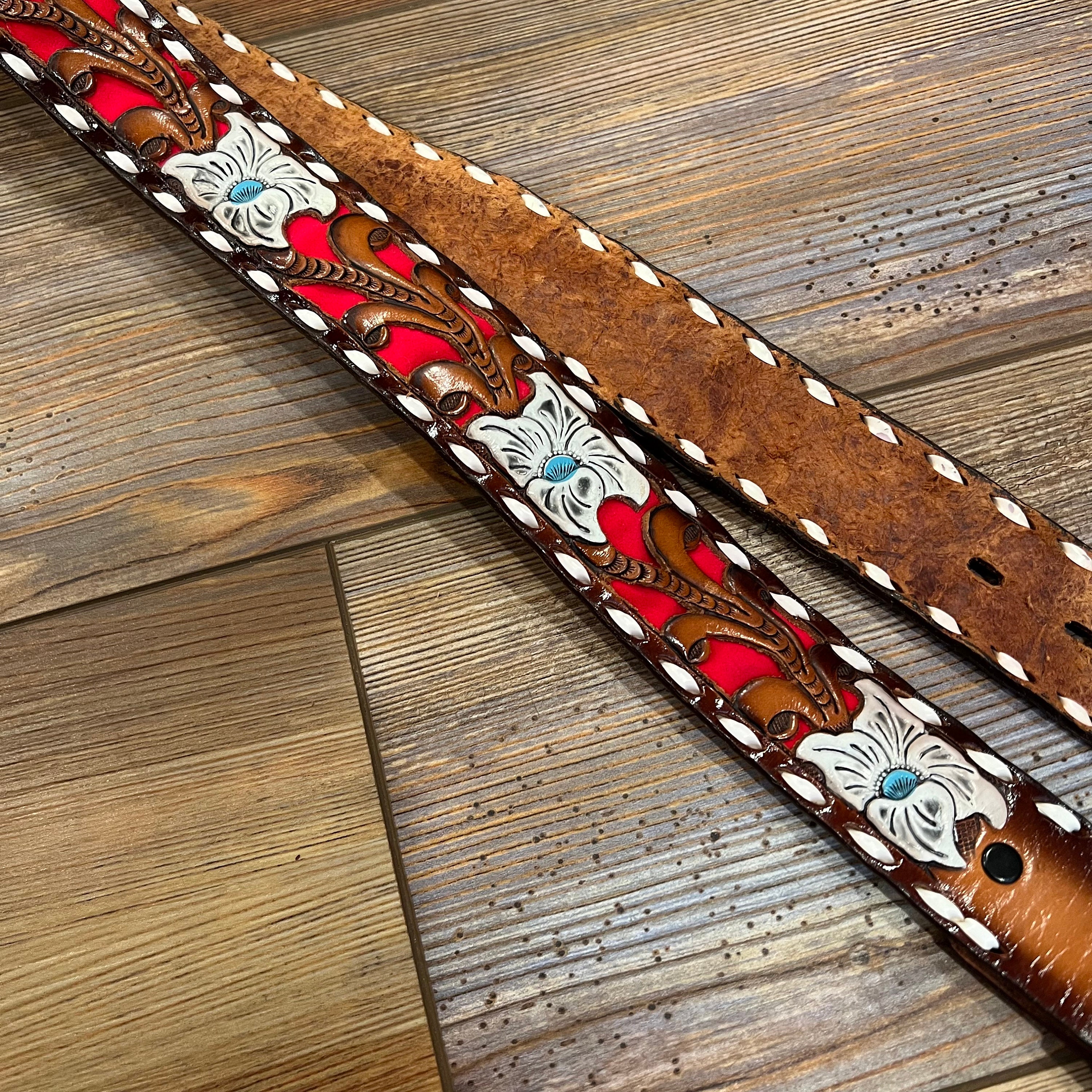 Vintage Brazos Joe Belt Co. Floral Tooled Belt Red Brown  display picture 3