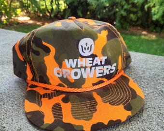 vintage orange Camo "Wheat Growers" cobra snap back trucker hat