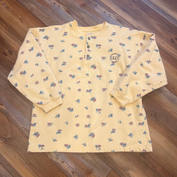 Vintage 90’s ENUF yellow floral henley sweatshirt… - image 1