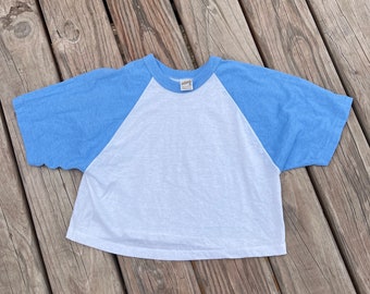 vintage sportswear blue and white athletic style cropped short sleeve tshirt medium