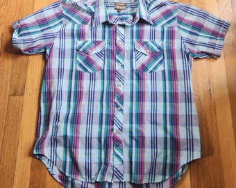 Plainsman Blue pink Green Mens Short Sleeve Pearl Snap Shirt XL