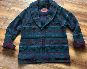Vintage Woolrich button up southwestern blanket coat teal black purple large