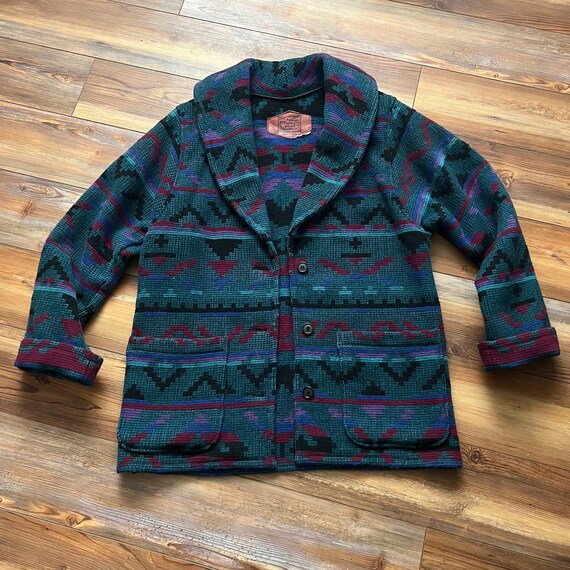 Vintage Woolrich Button up Southwestern Blanket Coat Teal Black 