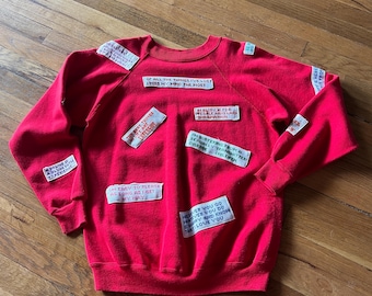 vintage hand embroidered needlepoint funny saying patched red sweatshirt size small/medium