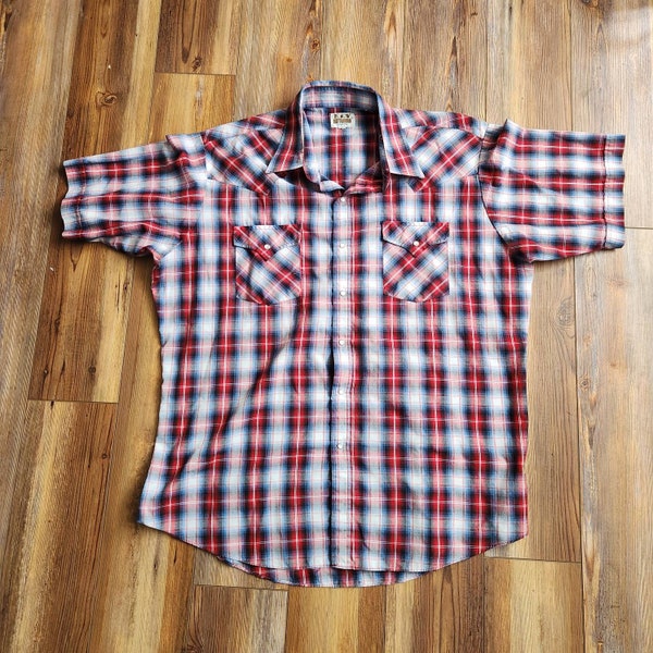 Red white and blue plaid vintage ely cattleman pearl snap shirt