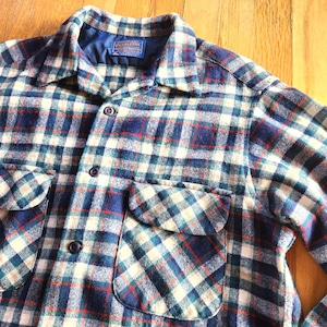Camicia da surf vintage Pendleton USA in lana, scozzese blu multicolore, collo ad anello, taglia grande