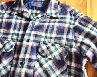 Vintage Pendleton USA Wool Board Shirt, Blue Multi Plaid, Loop Collar size large