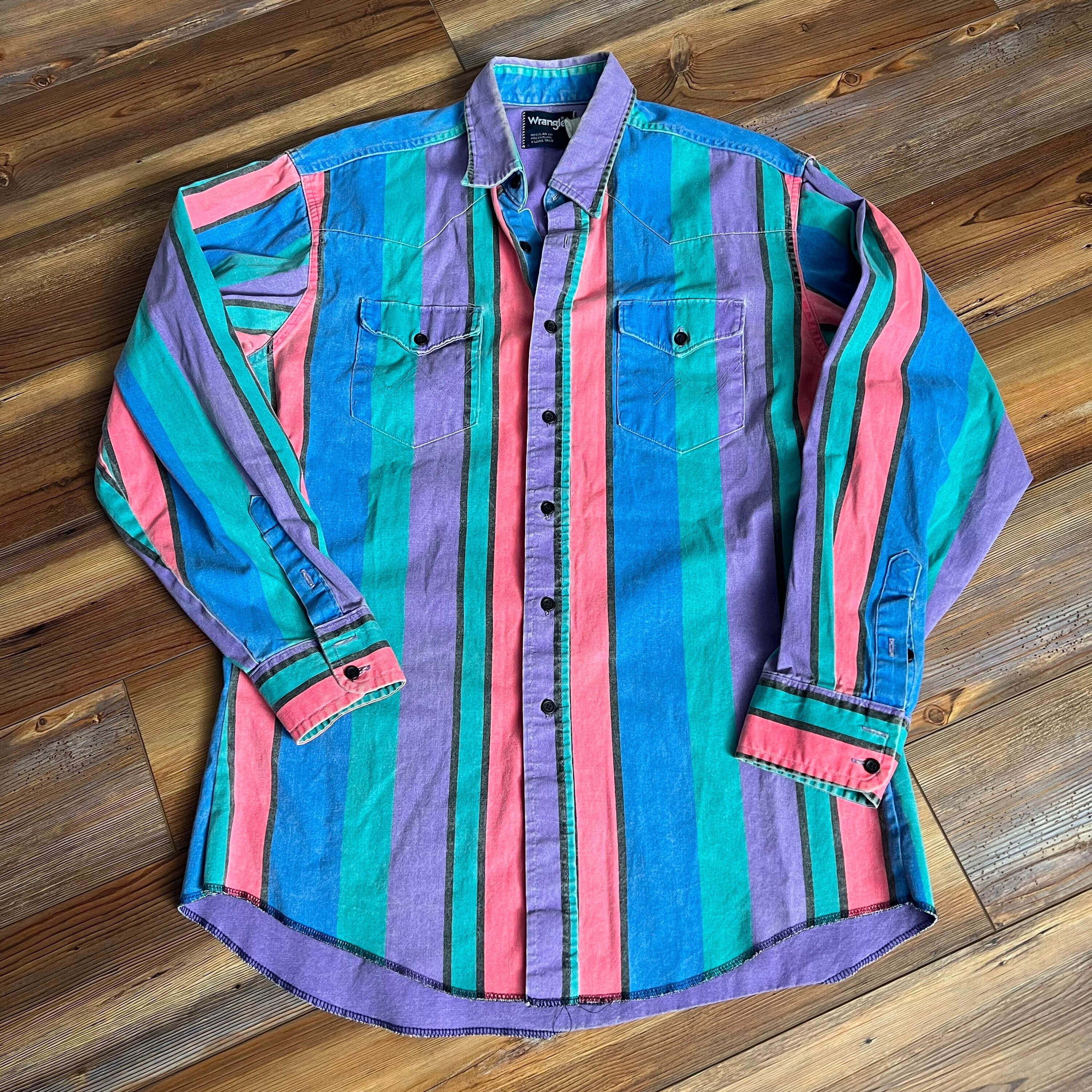 Striped Etsy Pink 16.5-34 Vintage Color Block Wrangler up - Blue Purple Western Sleeve Button Black Shirt Long
