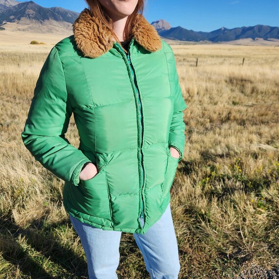 Womens Pacific Trail Green Puffy Jacket With Faux Fur Collar Small