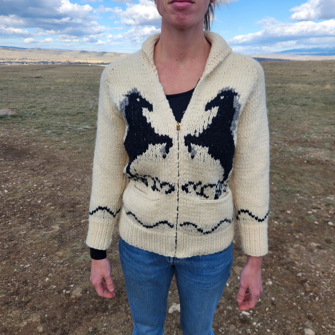 Vintage Cream Hand Knit Horse Cowichan Sweater Etsy