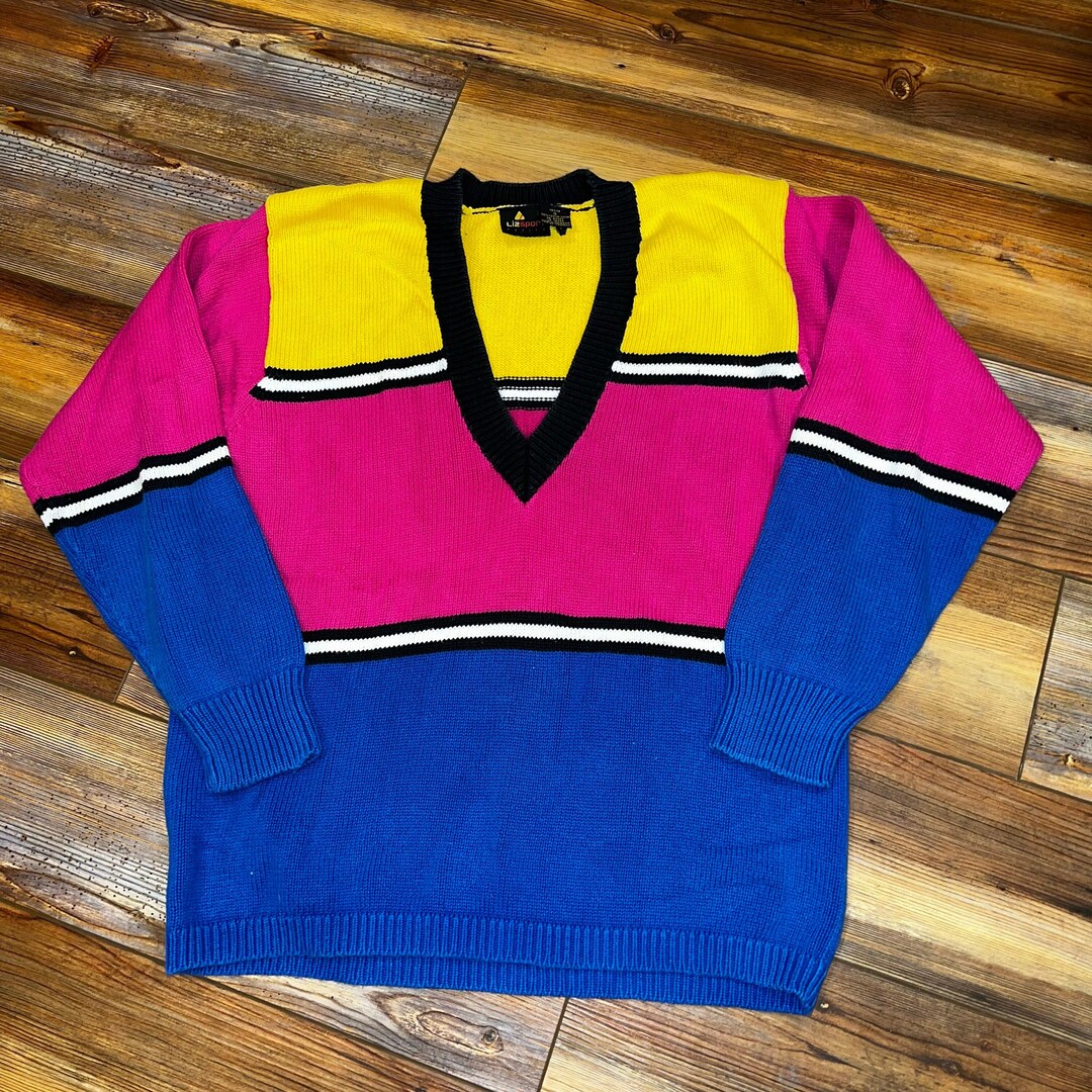 Vintage Liz Sport Pink Yellow Blue Color Block Striped V Neck Etsy