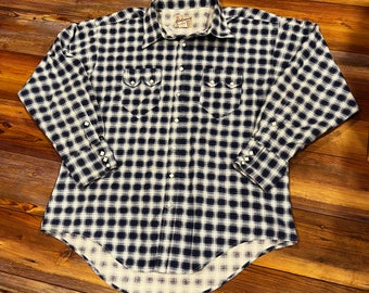 Rockmount western blue and white plaid diamond pearl snap long sleeve shirt with sawtooth pockets xl