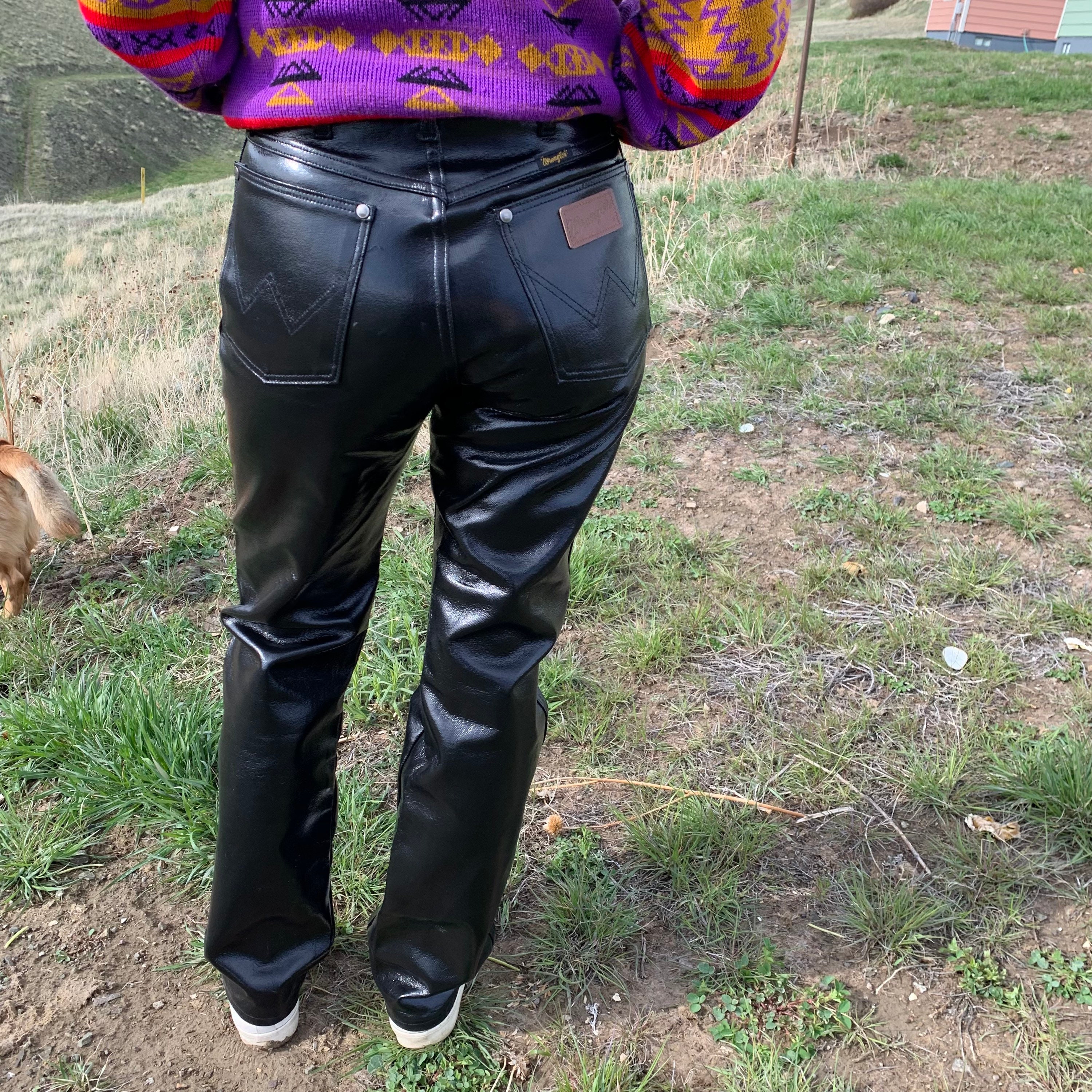 90s Vintage Wrangler Black Faux Leather Pants 5/34 28 - Etsy