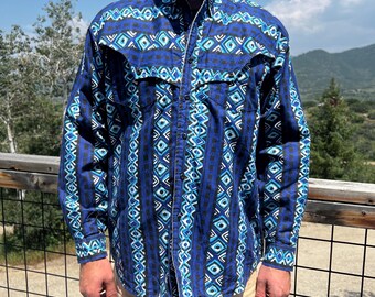 vintage saddlebrook blue and white southwestern long sleeve button up shirt large
