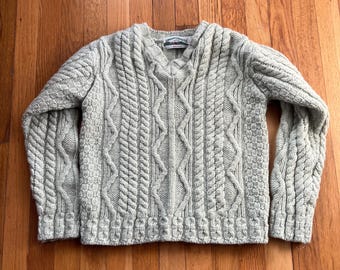 Vintage Arancraft Green Wool Cable Knit Sweater, Made in Ireland (Small)
