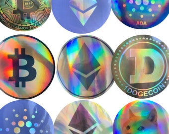 Calcomanía IMPERMEABLE. Bitcoin / Ethereum morado / Ethereum azul / Doge / Cardano / bitcoin estilo 2
