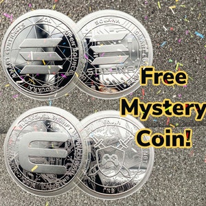 May include: Four silver-colored cryptocurrency coins with different designs. The coins feature the text "SOLANA", "SMART CONTRACTS", "OPEN SOURCE", "BLOCKCHAIN ENSIFT", "ENJ", and "NFT".
