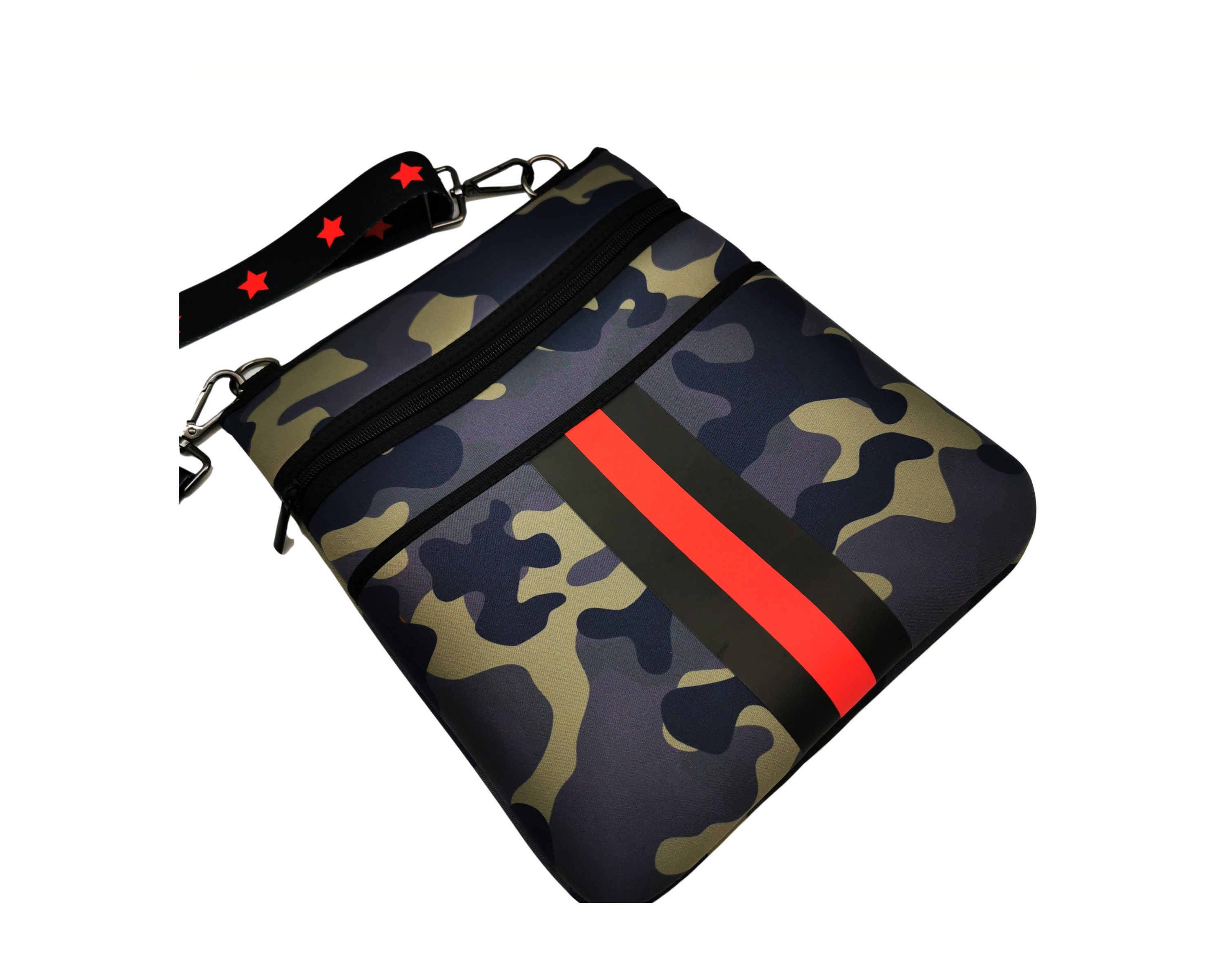 CROSSBODY MESSENGER BAG Green Camo With Red Stripe Black Strap Etsy