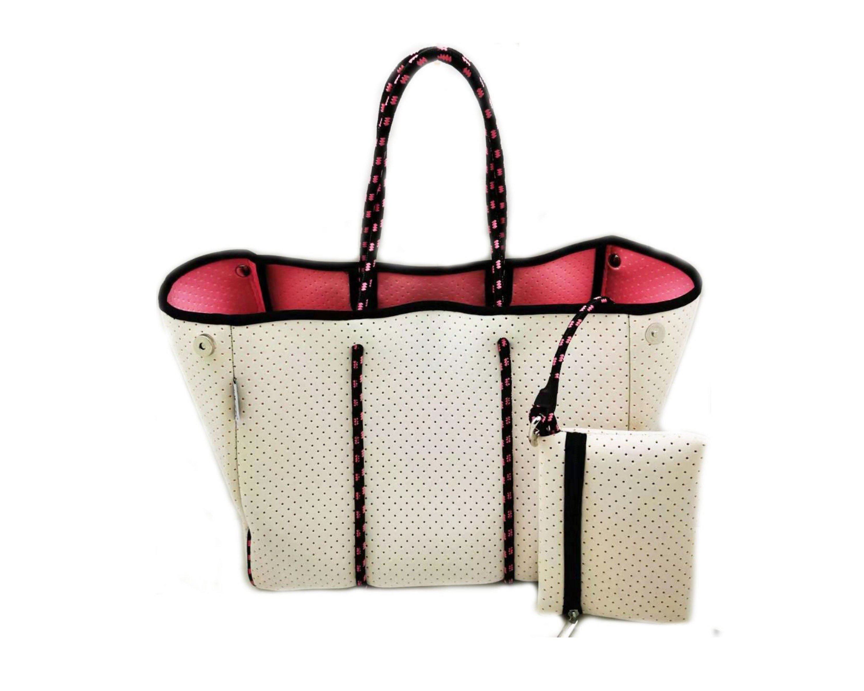 Neoprene Tote Bag Orange & Silver Pink Stripes by Dallas Hill Design